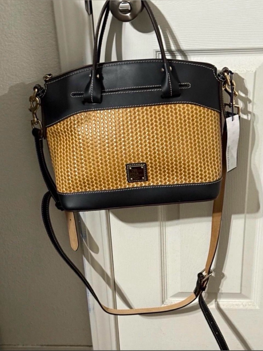 Dooney and Bourke Beacon Woven Panel Black and Tan Satchel Tote.